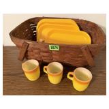 Picnic basket, plates (8), Fire King mugs (3)