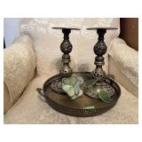 Brass tray, candlesticks, stained glass flower