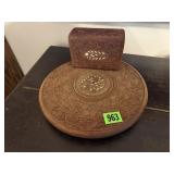 Boho wood carved charger, trinket box