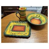 Hand painted platter, serving bowl, pitcher