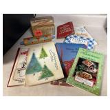 Recipe box, cookbooks, decorative rolling pin