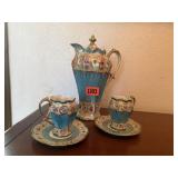 China coffee server, cups (2), saucers (2)