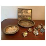 Silver trays, mirrored napkin rings, photograph