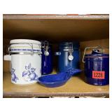 Cobalt blue jars, cheese crock, spoon rest