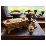 Candleabra, candle holders, pictures, trinket box