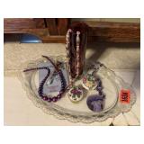 Lapel vase pin, beaded necklaces, trinket boxes