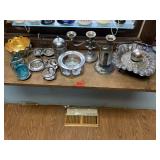 Silver assortment, candleabra, bell, trinkets