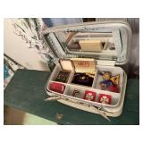 Vintage train case, military pins, patches, watch
