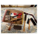 Box of clothing brushes, shoe shine, shoe horns