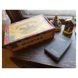 Cigar box, nativity trinket boxes, religious cards