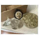Glass floral frogs, bird, miniature crewel