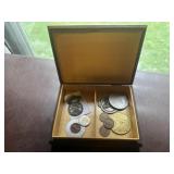 Box of coins, tokens