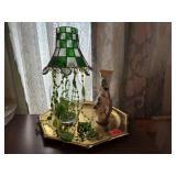 Tray, stained glass shade, beaded garland, bird