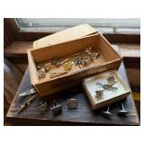 Cigar box, tie clips, pins, cuff links