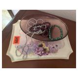 Hand painted tray, purple dish, beaded necklaces
