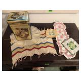 Ladies Home Journal tin of doilies, linens