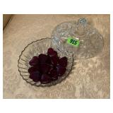 Covered dish of glass hearts
