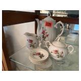 Plain pink rose china coffee pot, cream & sugar
