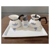 Corningware tray, coffee pots, shaker