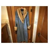 Fur trimmed denim trench coat