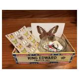 Cigar box, butterfly stamps, cards, postal stamps