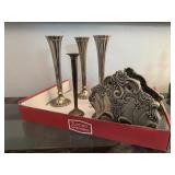 Sterling cement filled, plated vases, napkin
