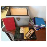 Metal file box, office supplies, notebooks, tray