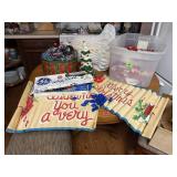 Christmas decorations, painted banner, lights