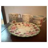 Antique hand painted plate, cups (3)