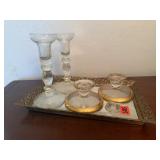 Mirrored vanity tray, candlesticks (2 pairs)