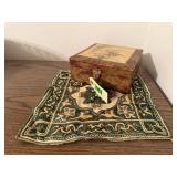 Jewelry box, linen, miniature crewel, crochet
