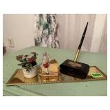 Gold mirror, pin cushion, fountain pen, flower