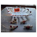 Red rhinestone clip on earrings, glass dish