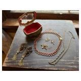 Trinket box, gold charms, ribbon necklace