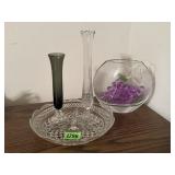 Glass dish, vases, grapes