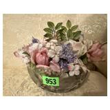 Crystal bowl, silk flowers