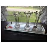 Mirrored tray, floral vases (3)