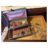 Vintage jewelry box, costume jewelry parts &