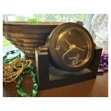 Silver plated bowl, party beads, clock