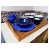 Serving tray, Currier & Ives mugs, assorted dishes