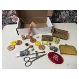 Wooden nickels, coin purse, sewing kit