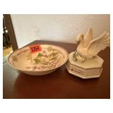 Hand painted bowl, swan music box