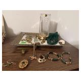 Mirrored tray, jewelry , lead crystal candle shade