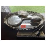 Mirrored vanity tray, hand mirror, brush, soap