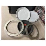 Enamel pans (3), pie crust shields (2)
