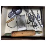 Utensils, grater, egg beater, dairy thermometer,