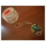 Green pendant necklace, glass trinket box