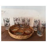 Vintage butterfly drinking glassware, coasters,