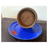 Large antique butter mold, blue plate