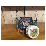 Pheasant velvet painting, tin, basket